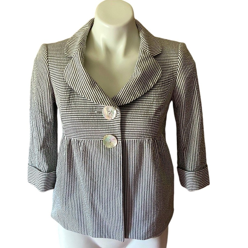 Liz Claiborne Suits Petite Light Blue Striped Seersucker Jacket Career Y2K